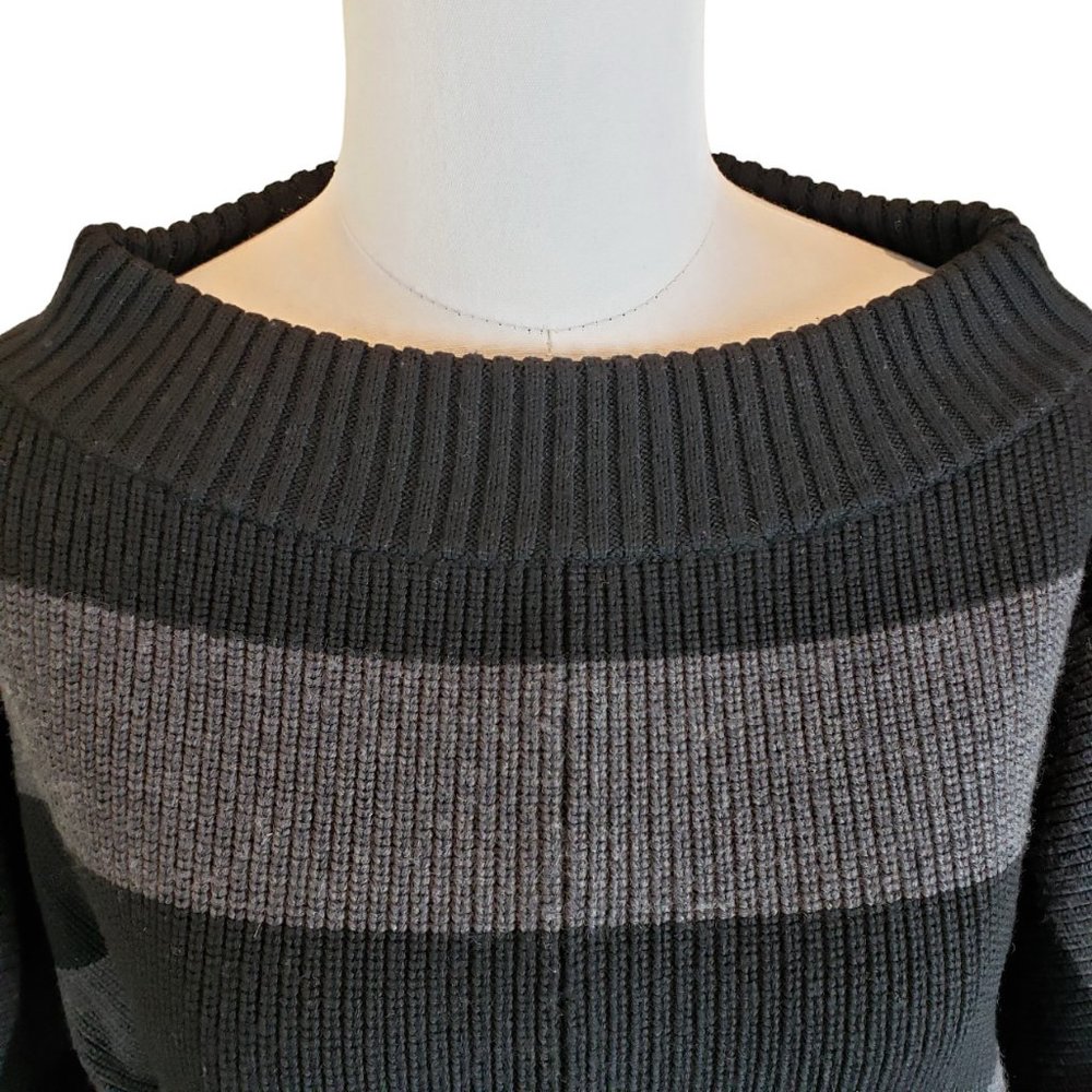 Tory Burch Heavy Warm 100% Wool Oversize Sweater Black Gray Wide Stripe M - Picture 2 of 14